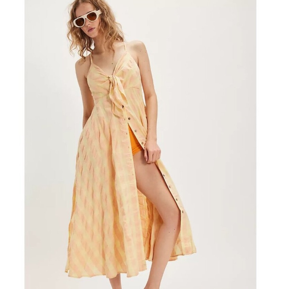 Free People Peach & Cream Tie-Front Button Midi Dress - Picture 8 of 15